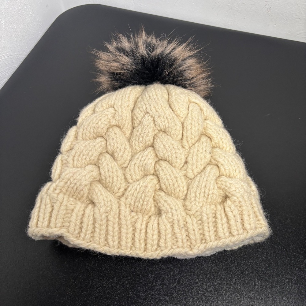 Nirvanna‎ Designs Chuncky Knit Wool Winter Hat White Lined Pom Pom Made in Nepal